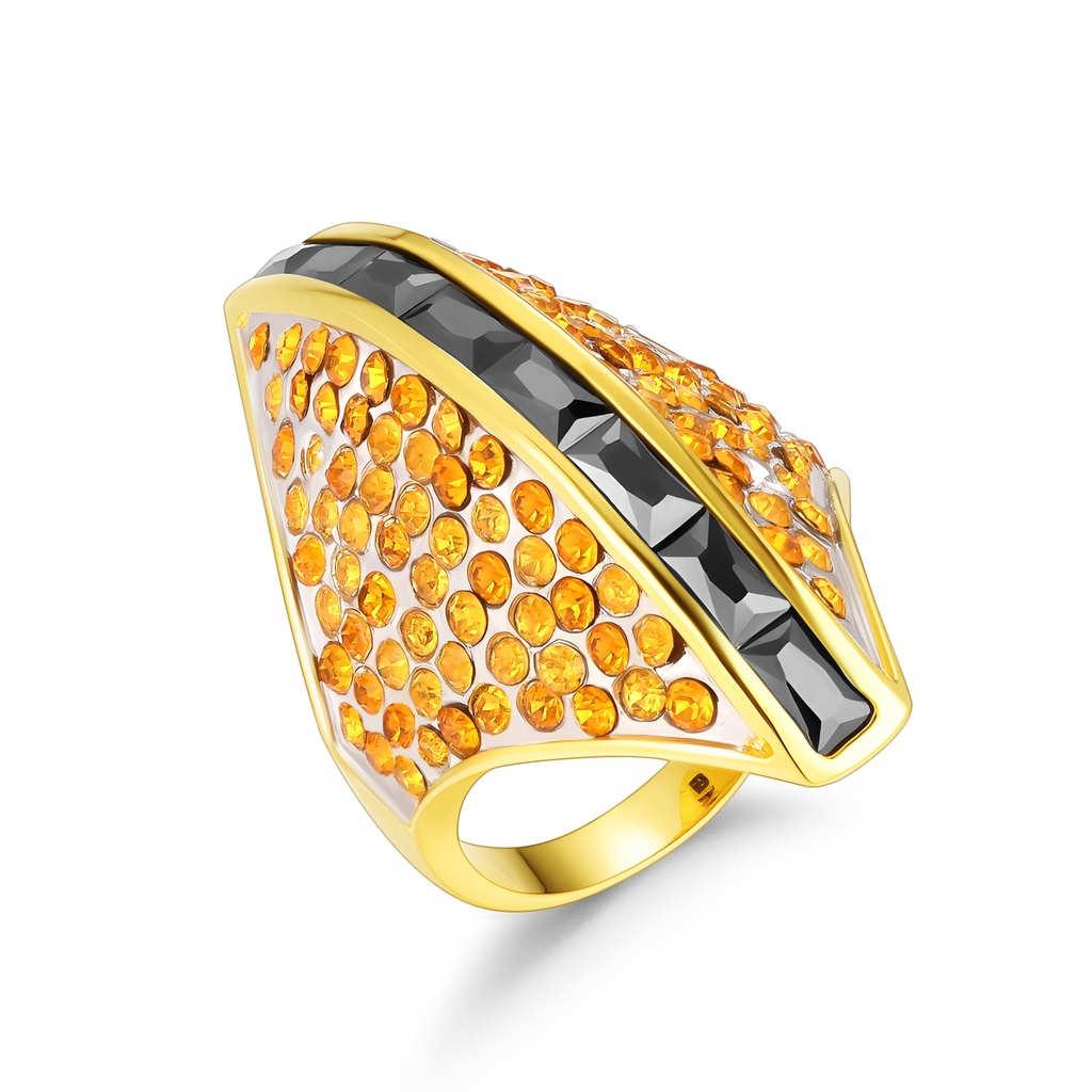 Gold-Tone Stainless Steel Ring with Amber and Black Crystals