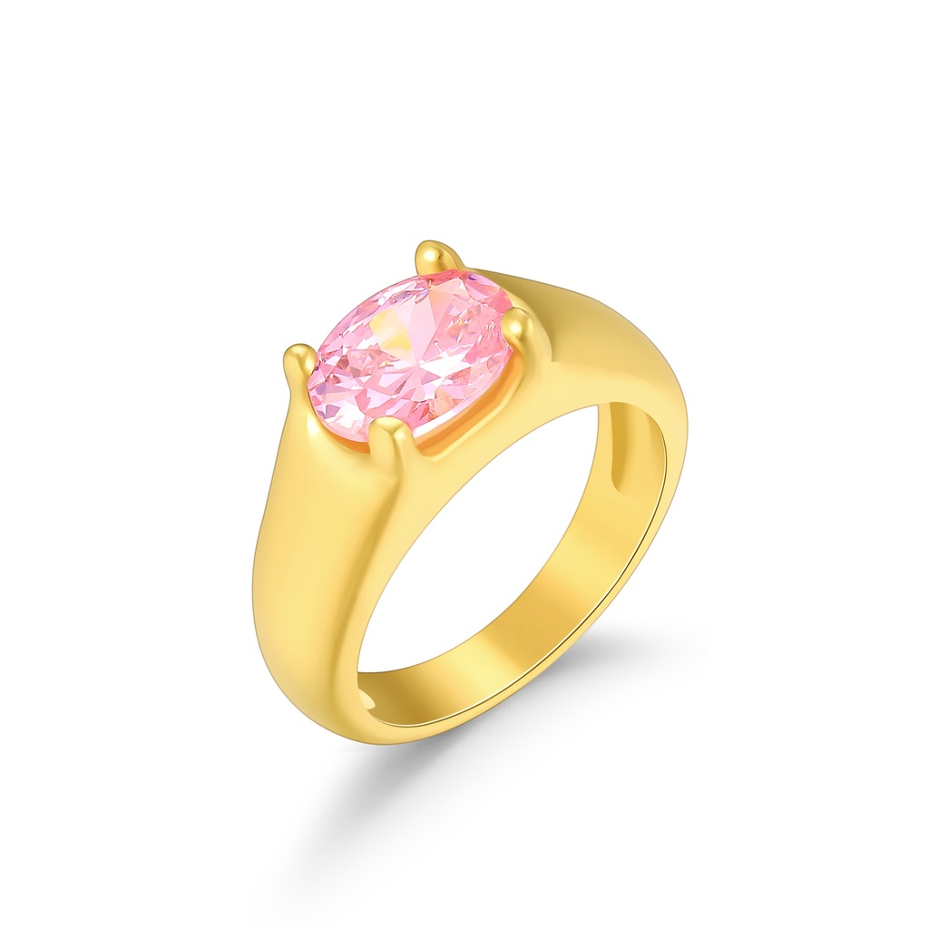 Gold-Tone Stainless Steel Ring with Oval Pink Crystal