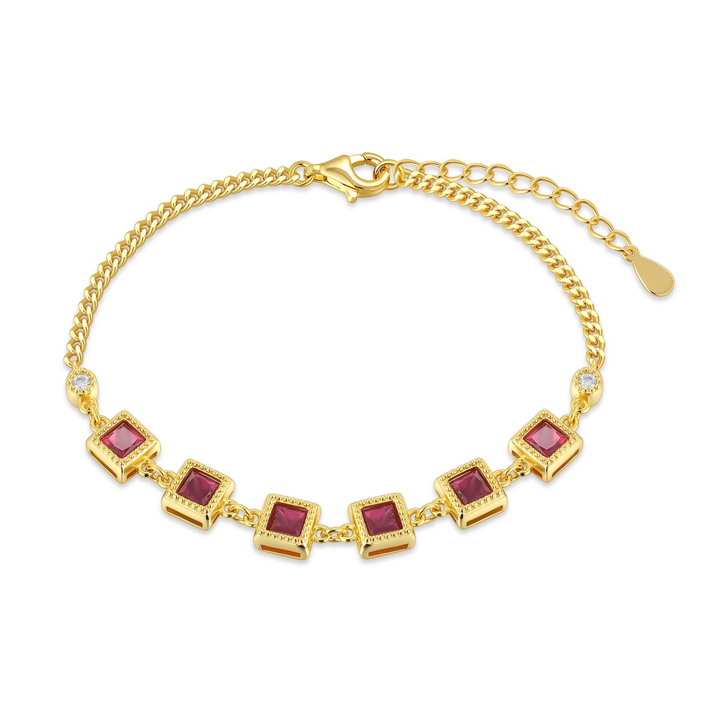 Gold-Tone Stainless Steel Ruby CZ Square Station Bracelet, Adjustable Chain