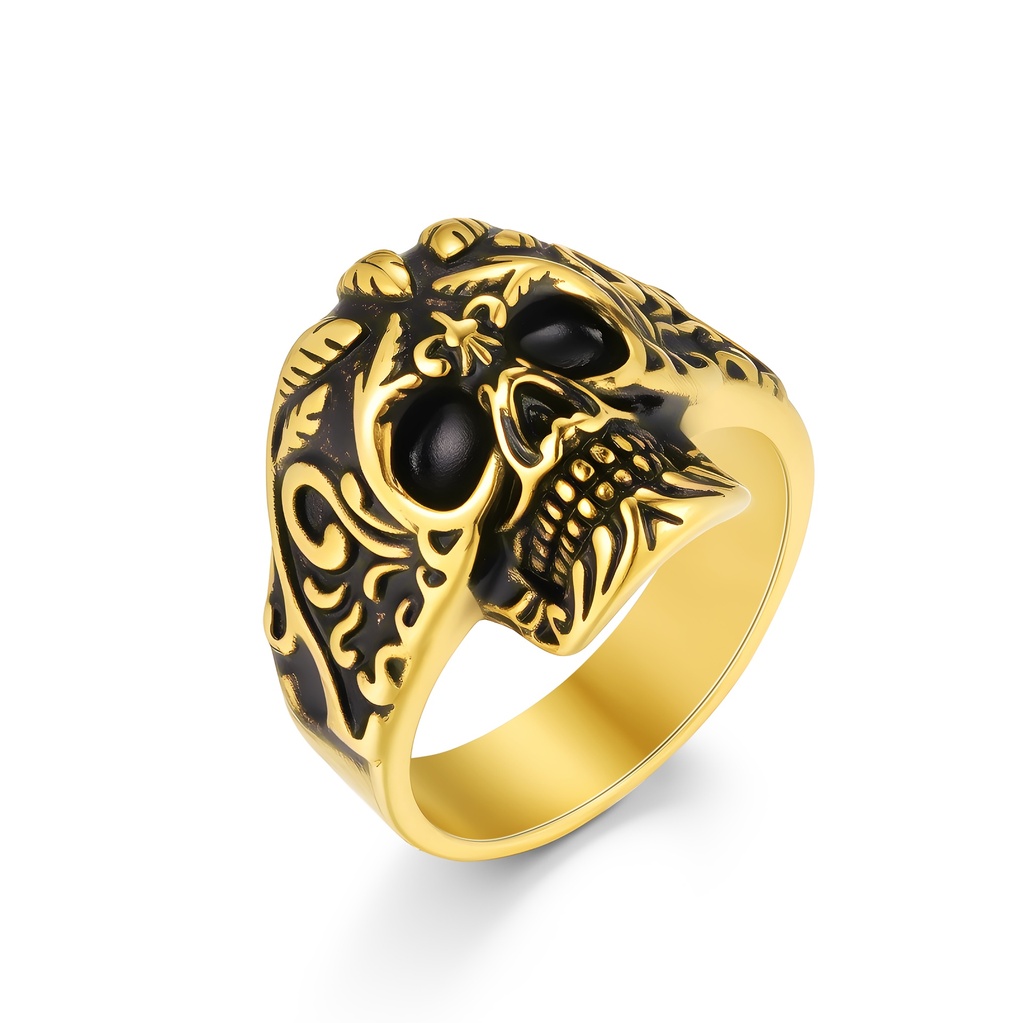 Gold-Tone Stainless Steel Skull Ring with Black Gothic Details
