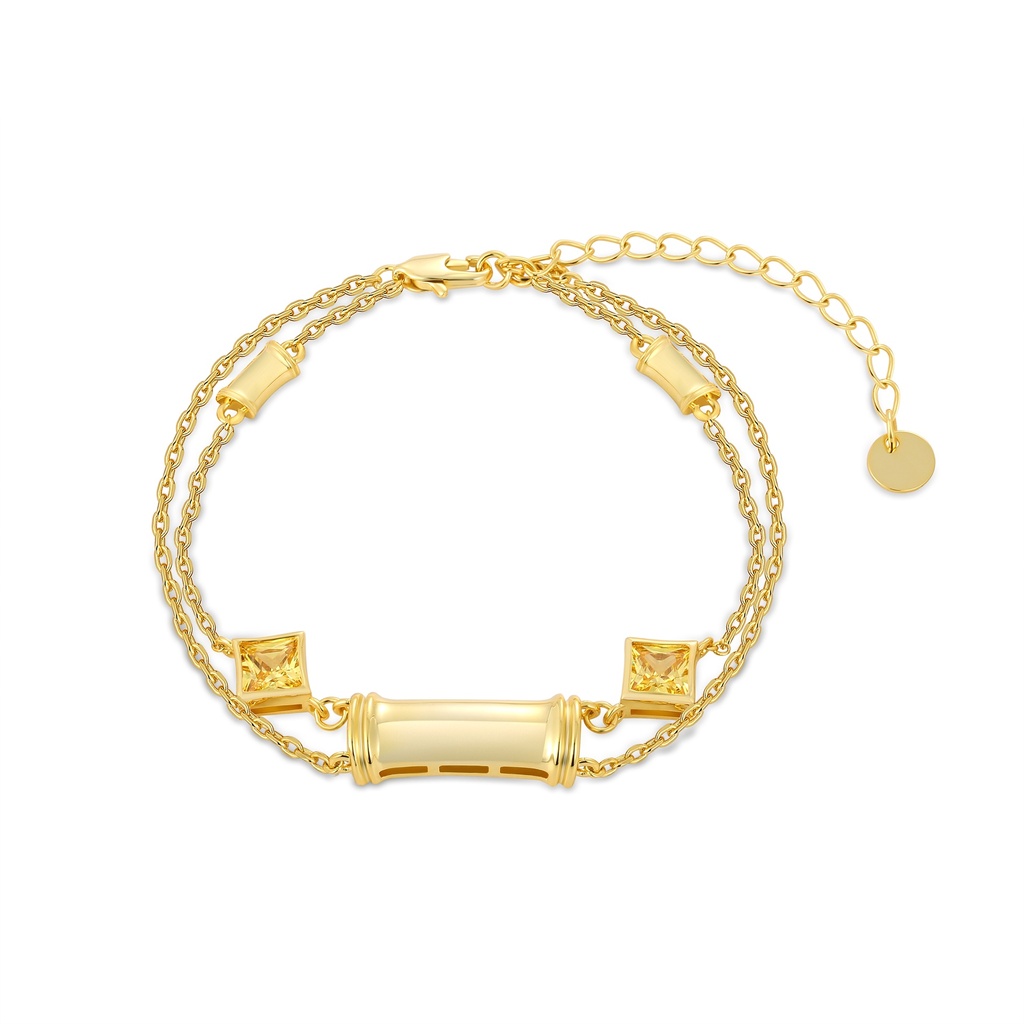 Golden Bamboo-Inspired Dual Chain Bracelet with Yellow Gems