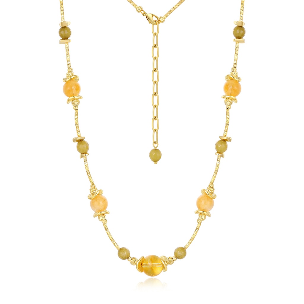 Golden Beaded Necklace Featuring Warm Earth-Tone Gem Accents