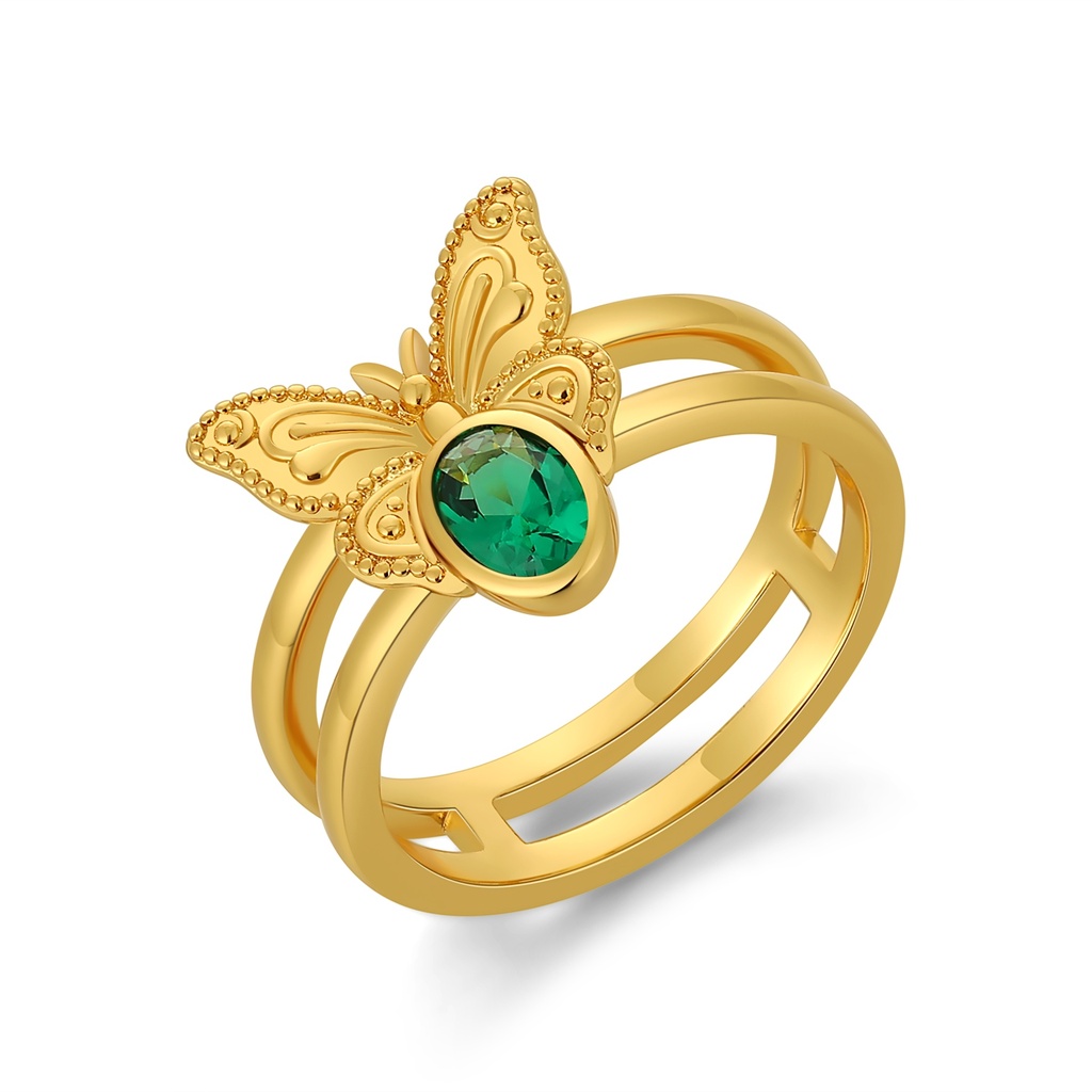 Golden Butterfly Ring With Emerald Green Center Gemstone