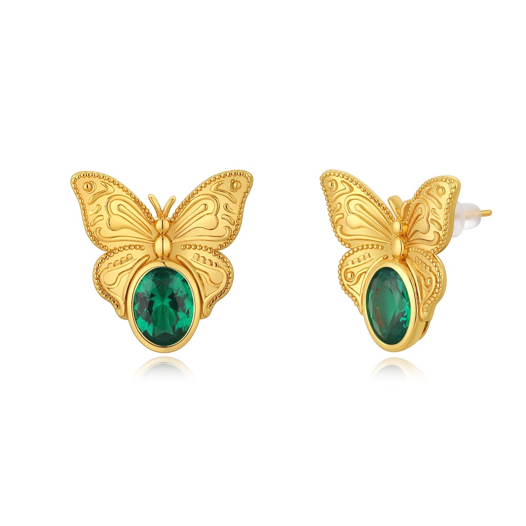 Golden Butterfly Stud Earrings with Green Crystal Accent