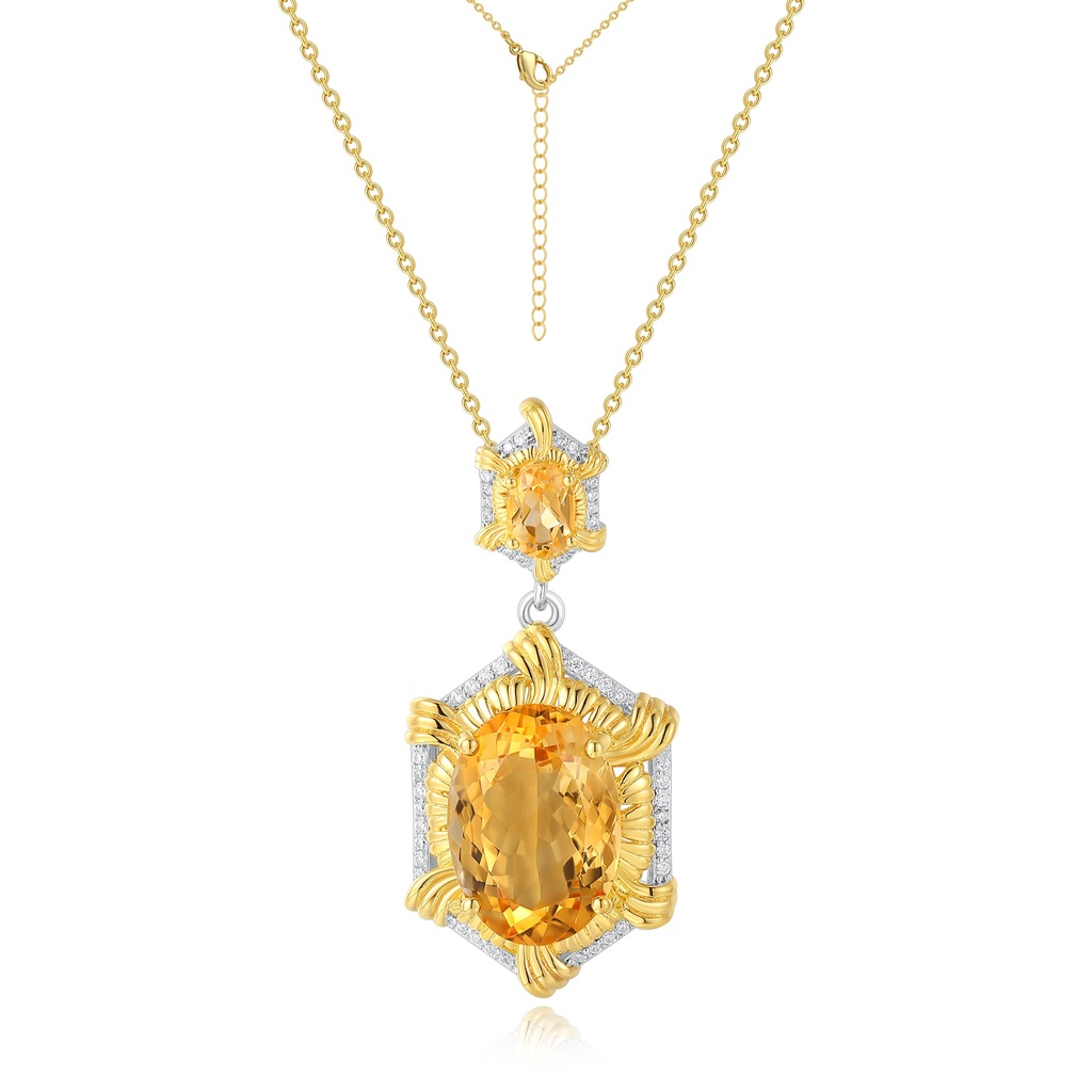 Golden Citrine Stainless Steel Pendant Necklace with Crystal Accents