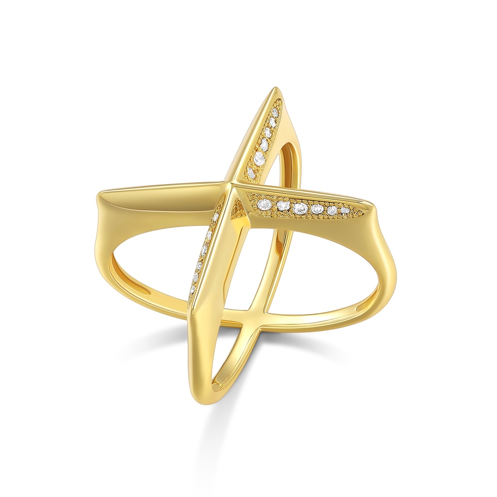Golden Cross-Over X Ring with Subtle Diamond Embellishment