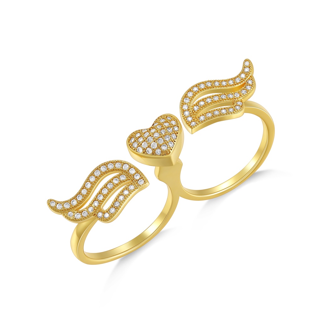 Golden Double Heart Ring with Angel Wing Diamond Accents