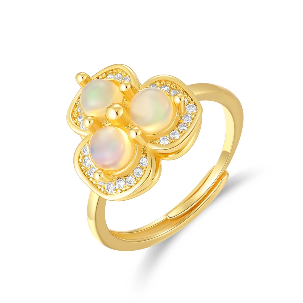 Golden Floral Opal Ring with Sparkling White Crystal Accents