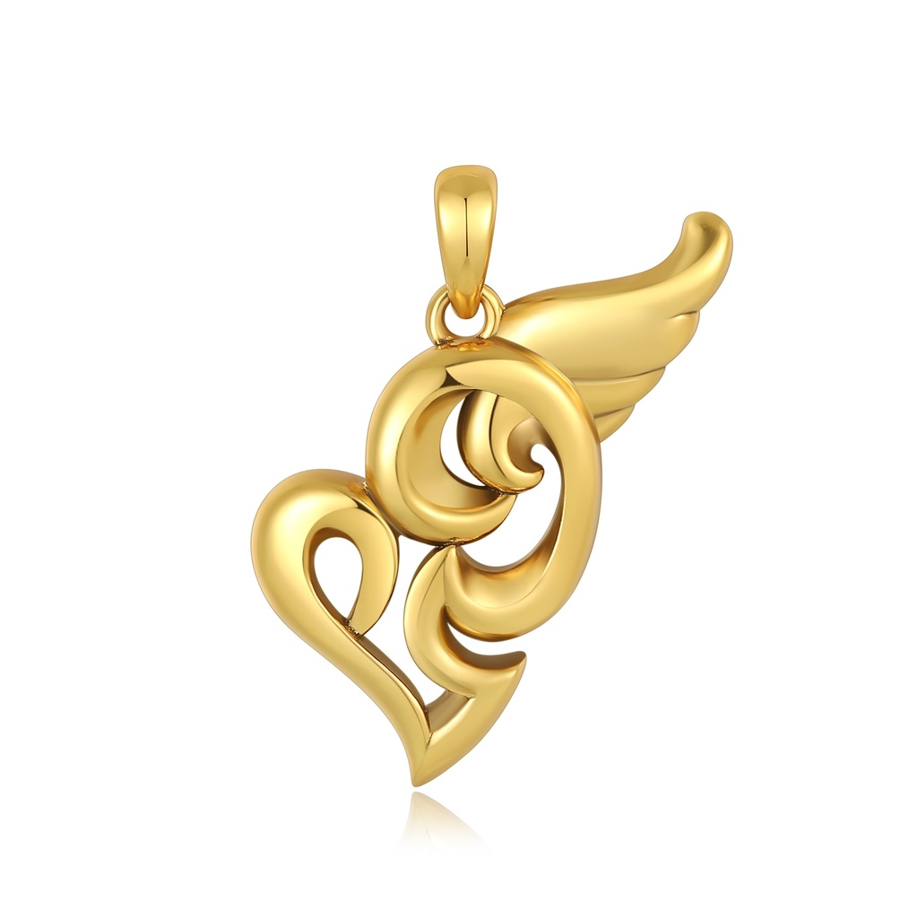 Golden Heart with Angel Wing Romantic Brass Pendant Necklace