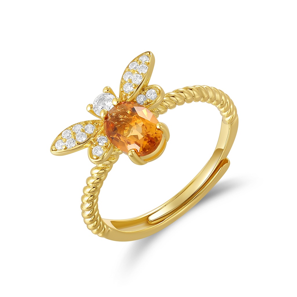 Golden Honeybee Ring with Citrine Gemstone and Sparkling Crystal Wings