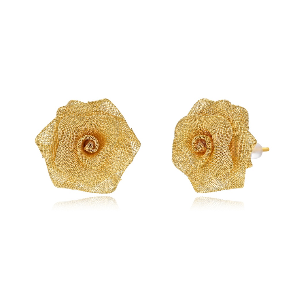 Golden Mesh Rose Earrings, Elegant Brass Floral Statement Studs