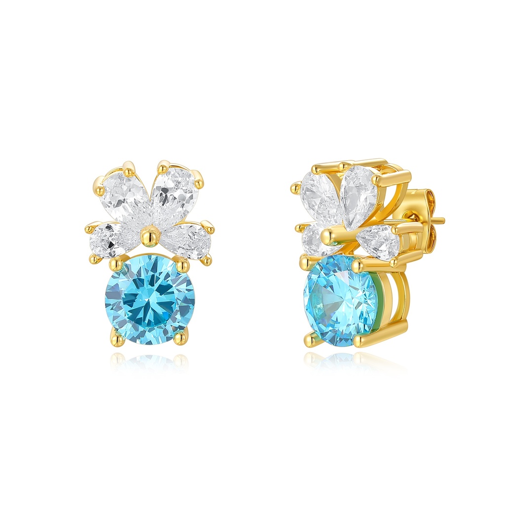Golden Stainless Steel Earrings with Blue Crystal and Floral Design