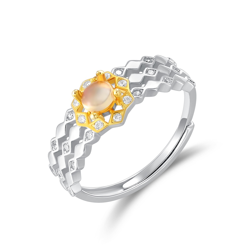 Golden Sunstone Ring with Silver Lattice Band and Diamonds