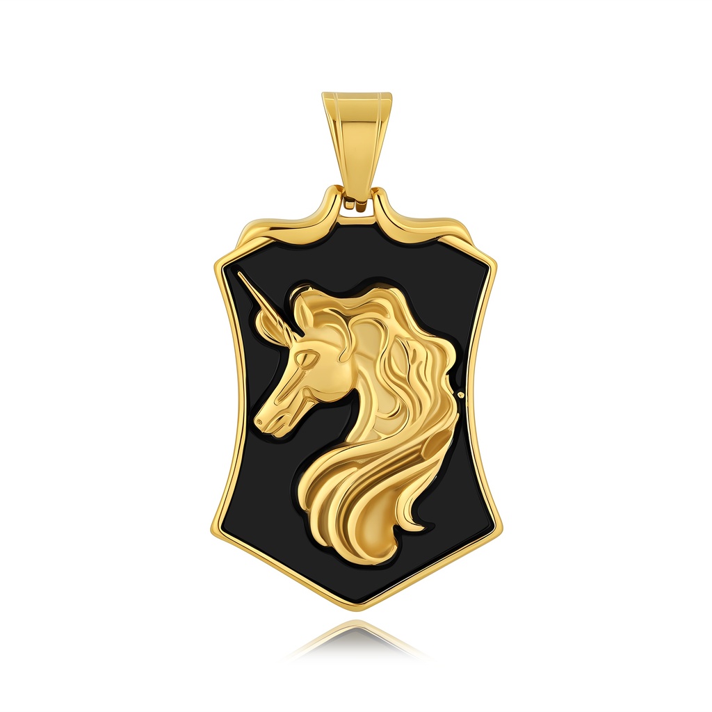Golden Unicorn Shield Pendant – Mystical, Bold, Elegant, Fantasy-Inspired Jewelry