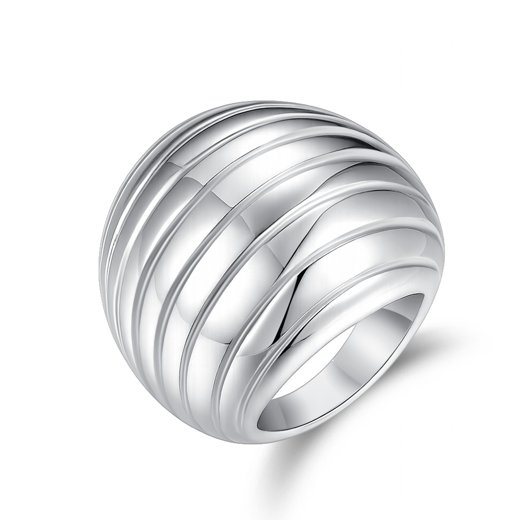 Bold Dome Stainless Steel Ring with Grooved Wave Pattern