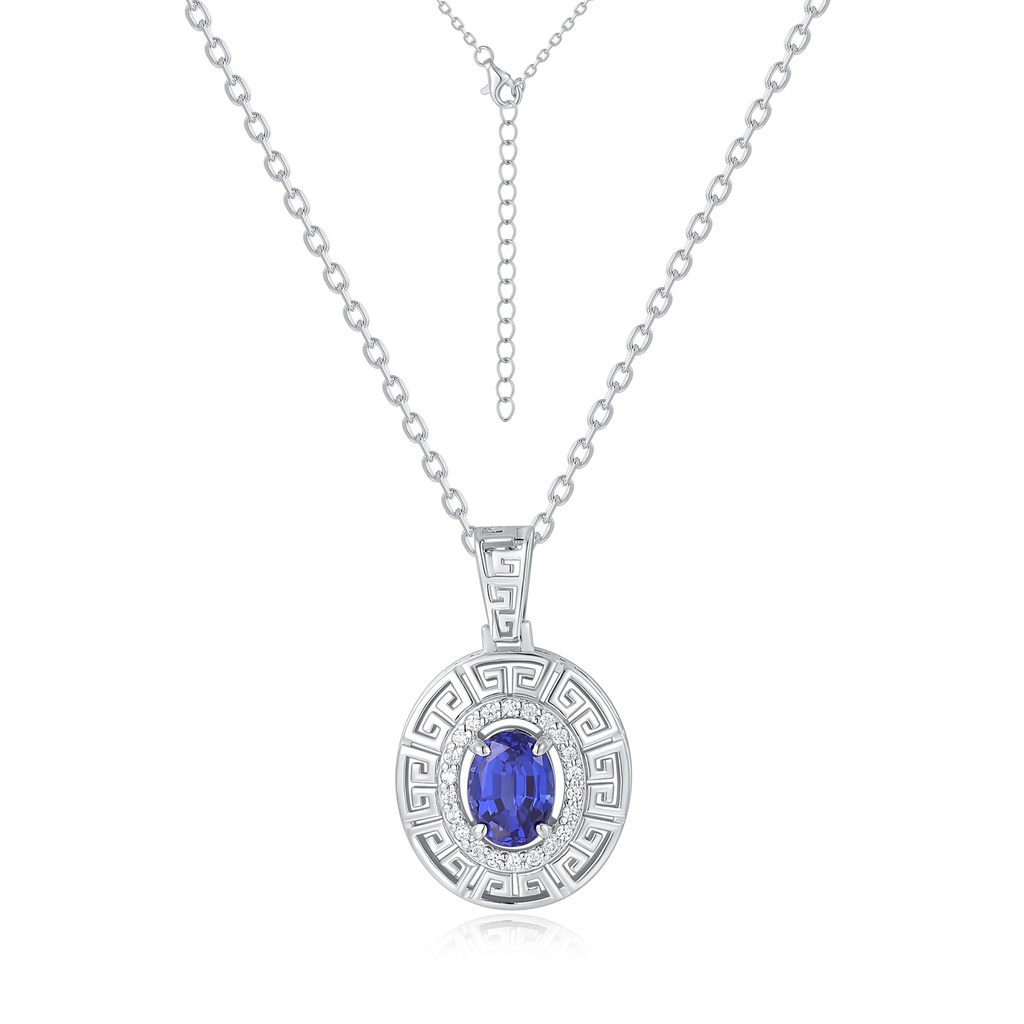 Greek Key Halo Pendant with Blue CZ on Stainless Necklace