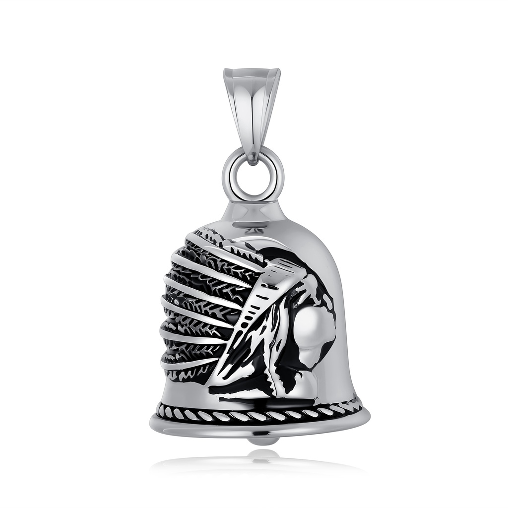 Guardian bell pendant with feathered warrior helmet, made for bikers.