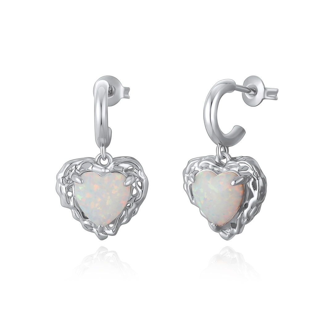 Heart Opal Drop Earrings in Textured Hoop Design