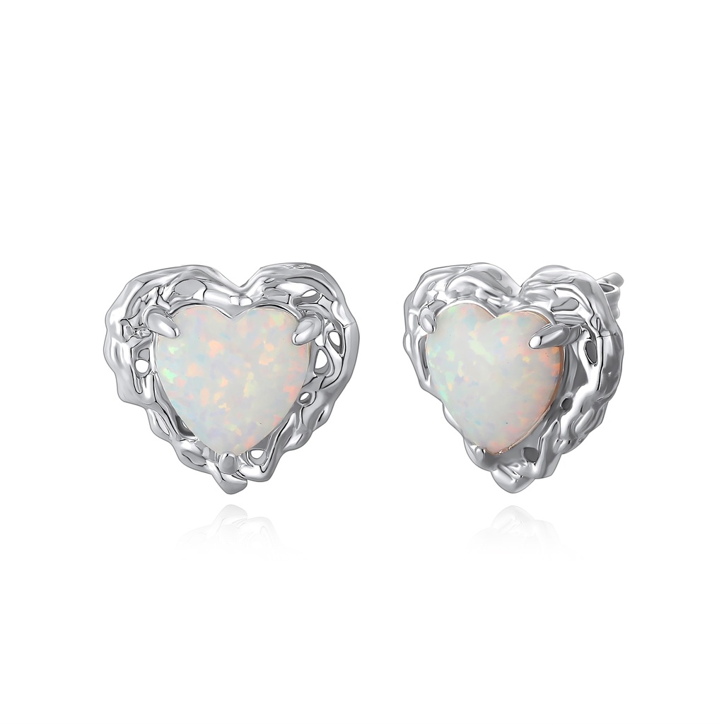 Heart Opal Stud Earrings with Organic Silver Frame