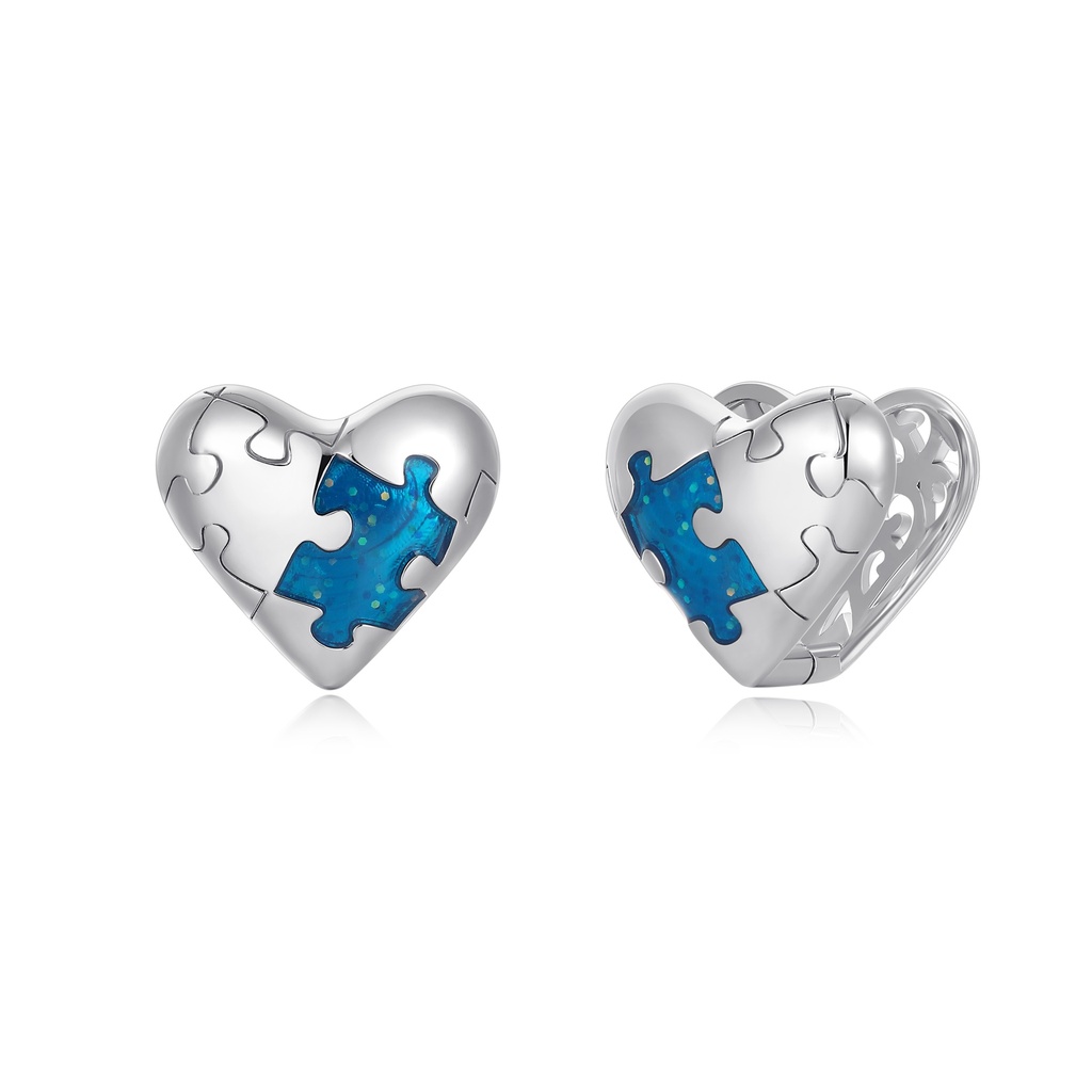 Heart Puzzle Earrings with Blue Enamel Inlay
