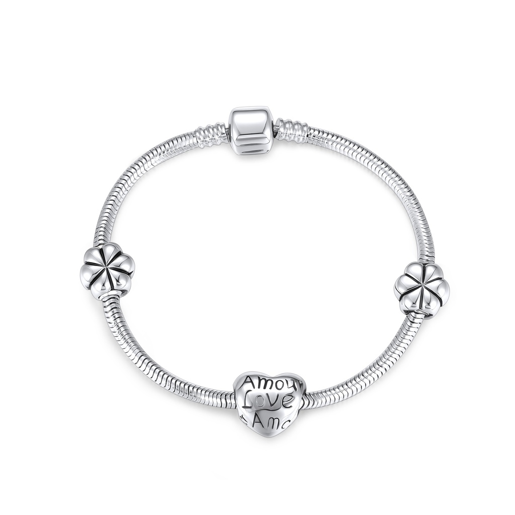 Heart and Clover Charm Stainless Steel Snake Chain Bracelet