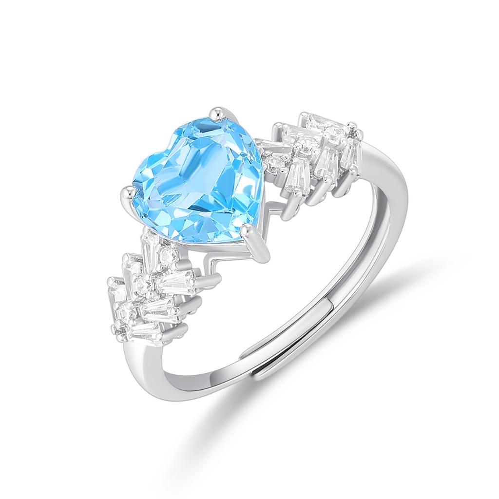 Heart-Cut Blue Gem Ring with Baguette Crystal Accents