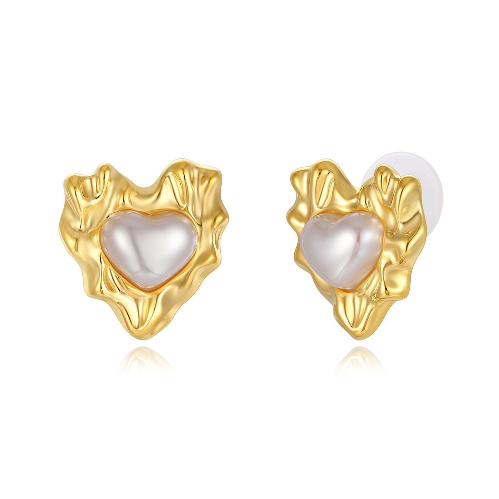 Heart-Shaped Baroque Pearl Earrings, Abstract Textured Brass Design