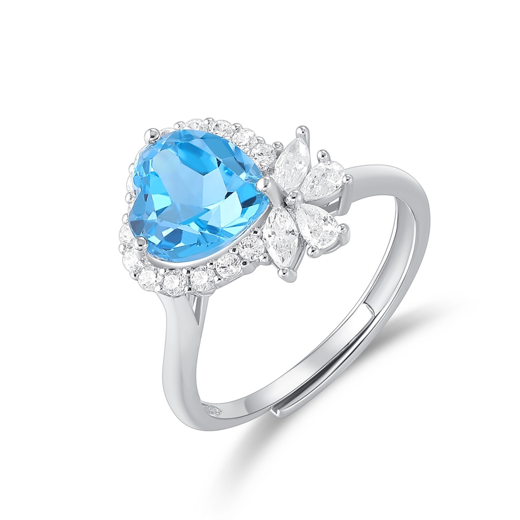 Heart-Shaped Blue Stone Ring with Butterfly Crystal Accent Design