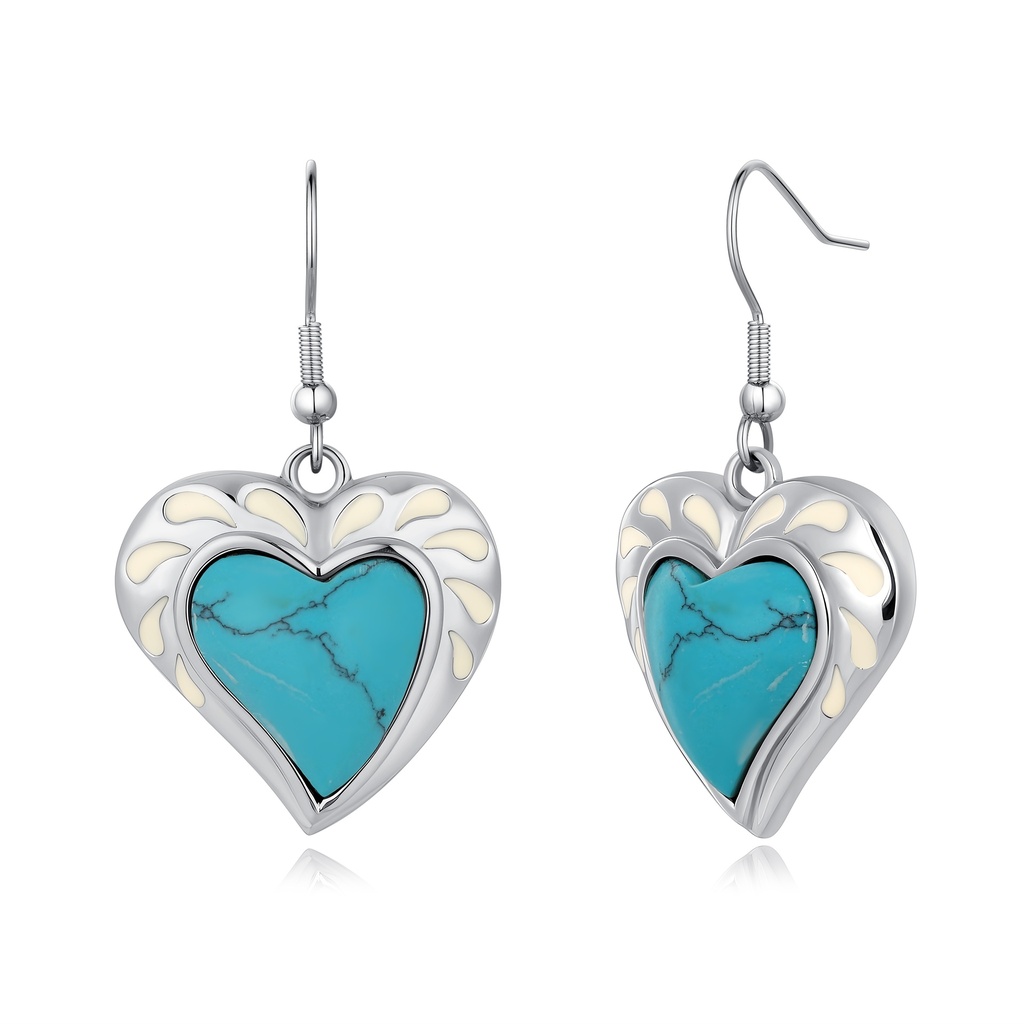Heart-Shaped Earrings with Turquoise and Cream Enamel Accents