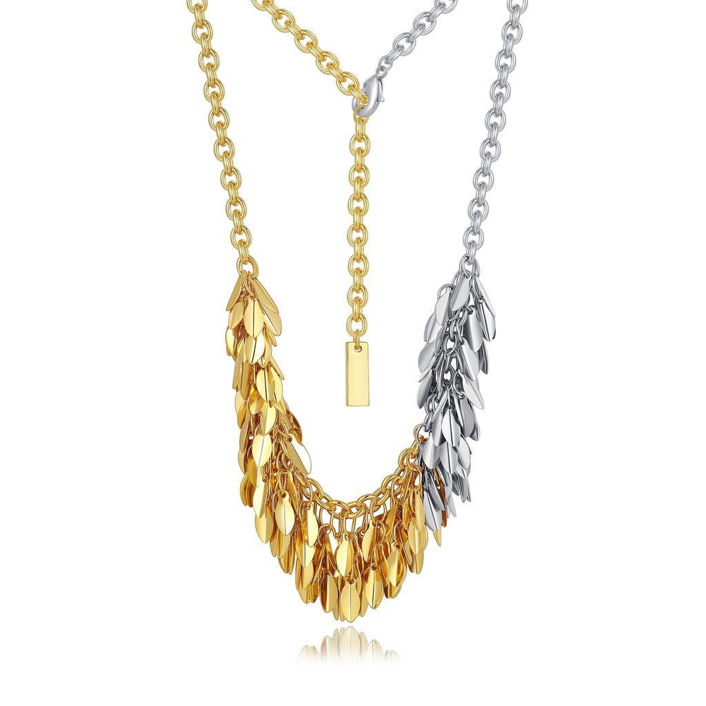 [BJ05N0242] Bold Dual-Tone Fringe Necklace with Gold & Silver Leaves