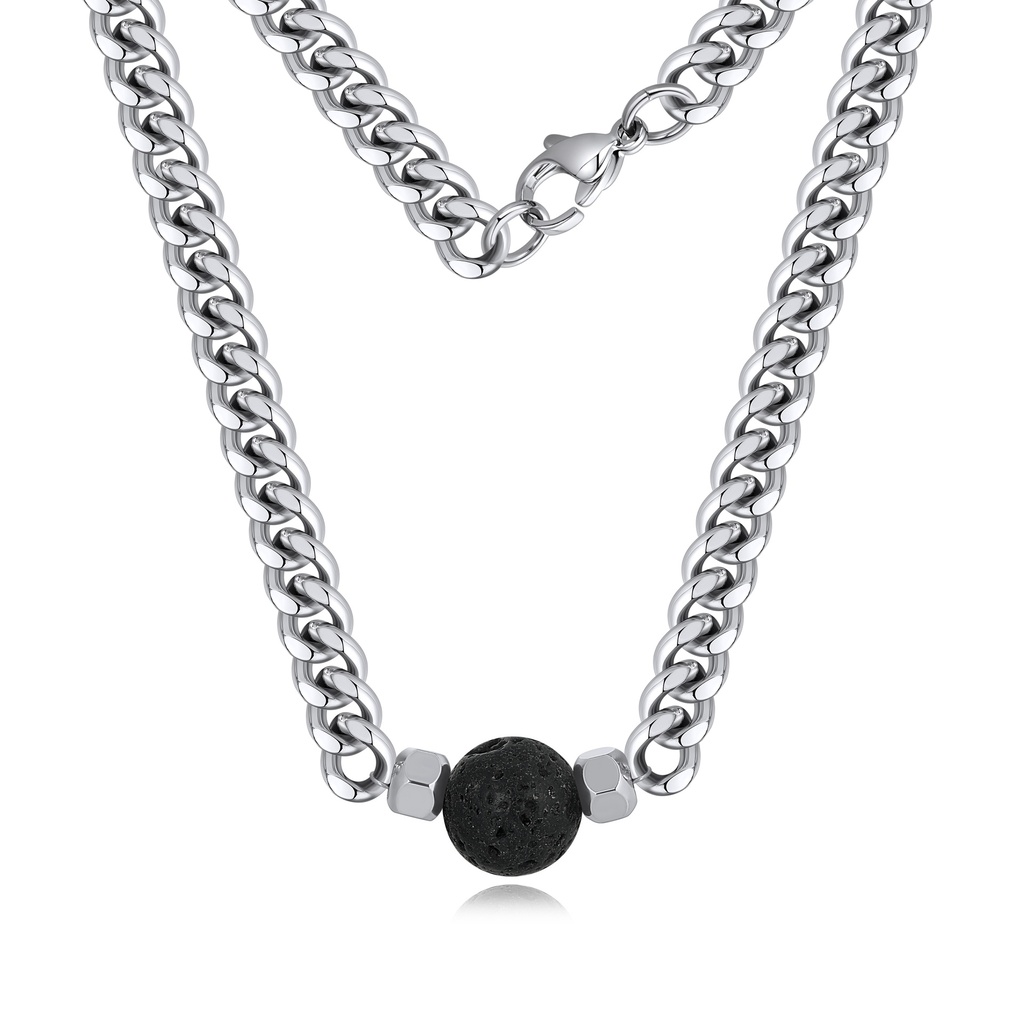Heavy Stainless Steel Cuban Chain Necklace with Black Lava Rock Center Bead
