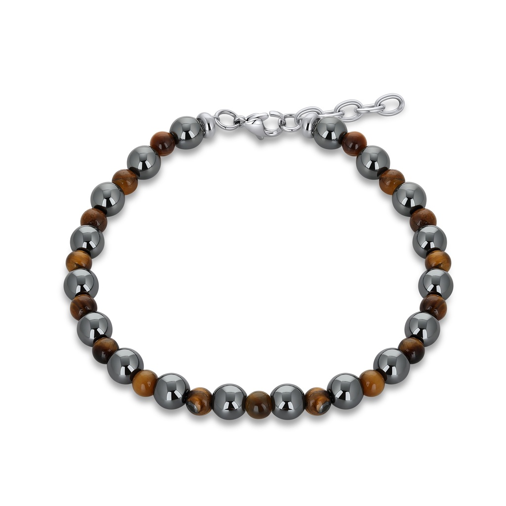 Hematite and Tiger Eye Beaded Stainless Steel Bracelet