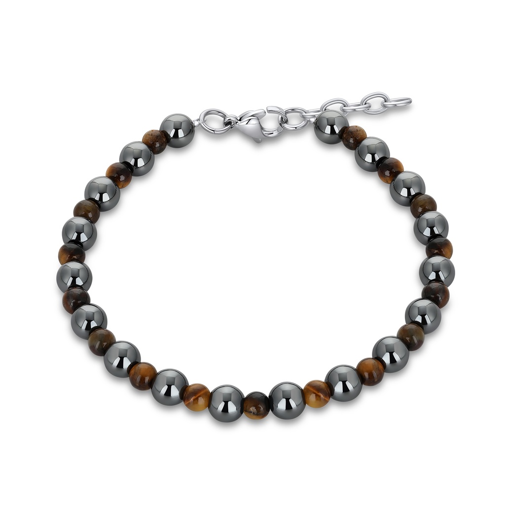 Hematite and Tiger Eye Stone Beaded Stainless Steel Bracelet