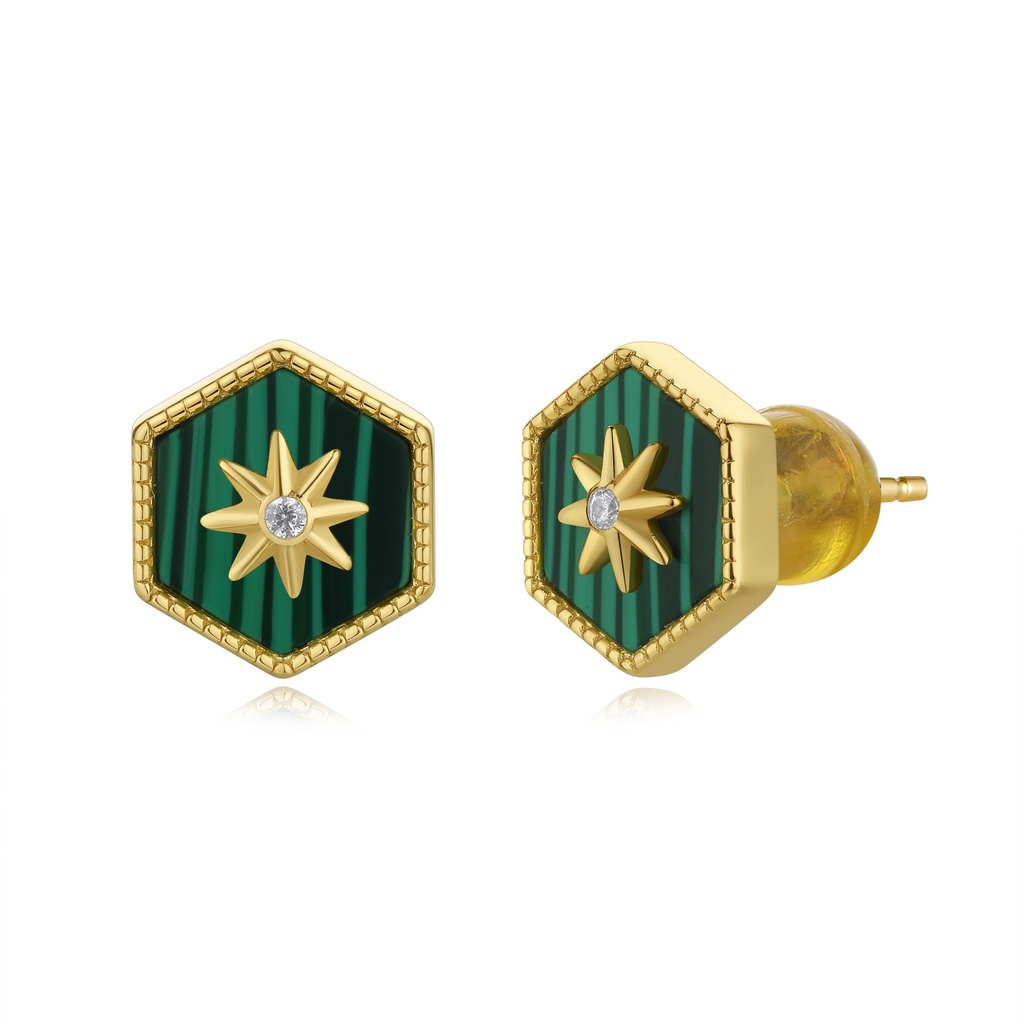 Hexagon Green Enamel Stud Earrings with Star and Crystal Center