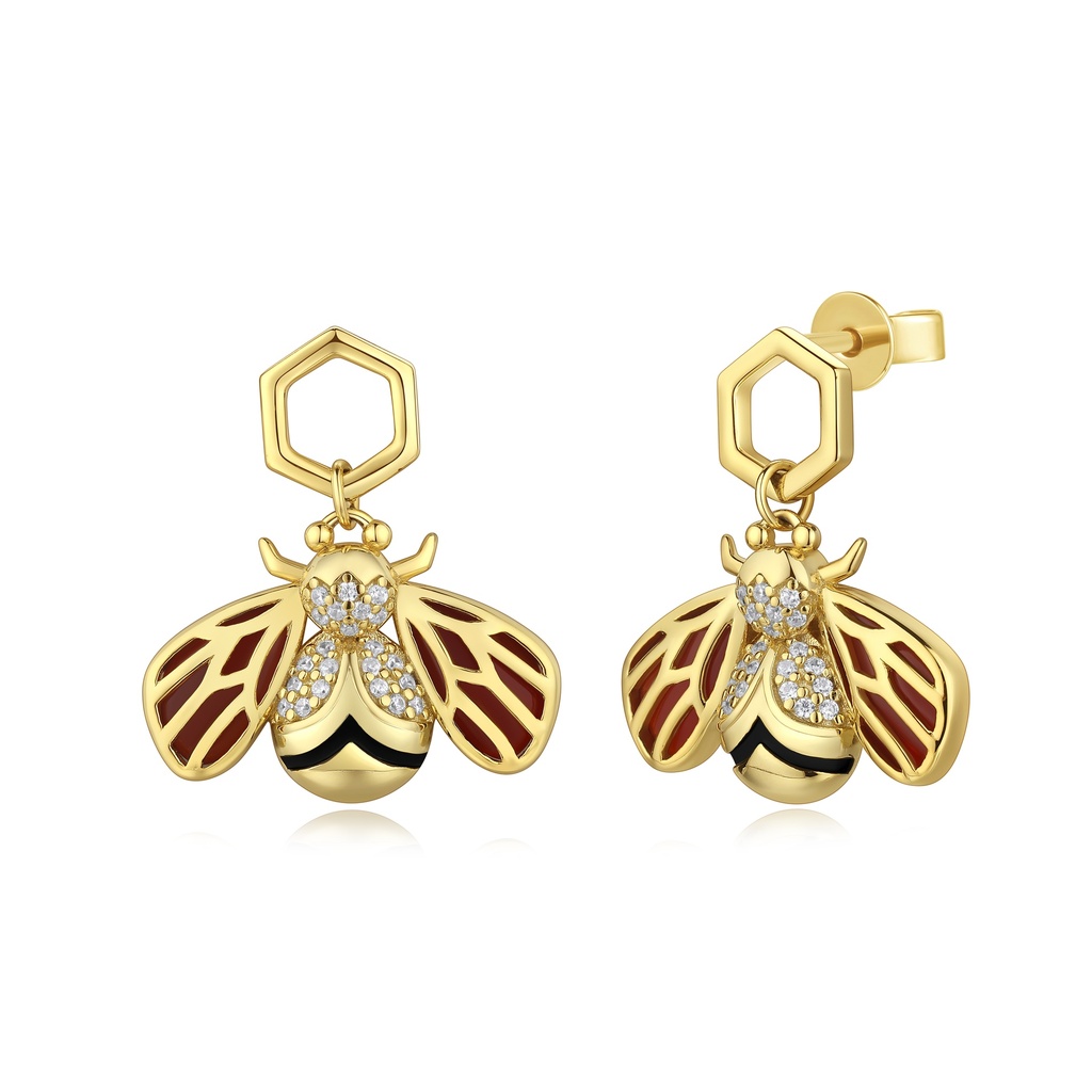 Honeybee Drop Earrings With Enamel Wings And CZ Accents