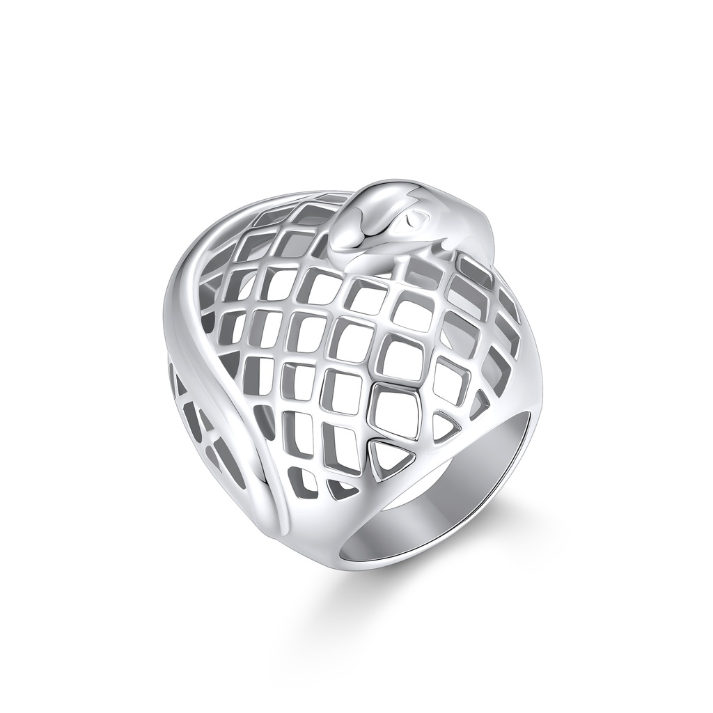 Intricate Stainless Steel Snake and Grid Design Ring – Unique Statement