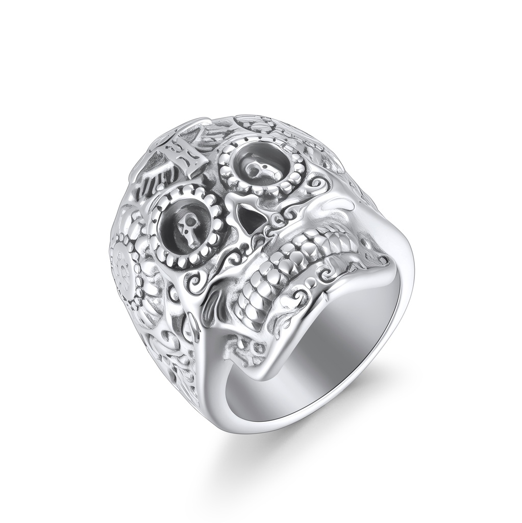 Intricate Sugar Skull Stainless Steel Ring with Gothic Engravings