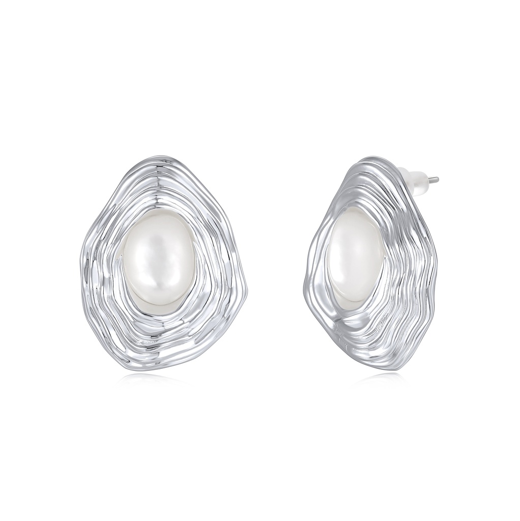 Irregular Silver Pearl Earrings with Textured Design