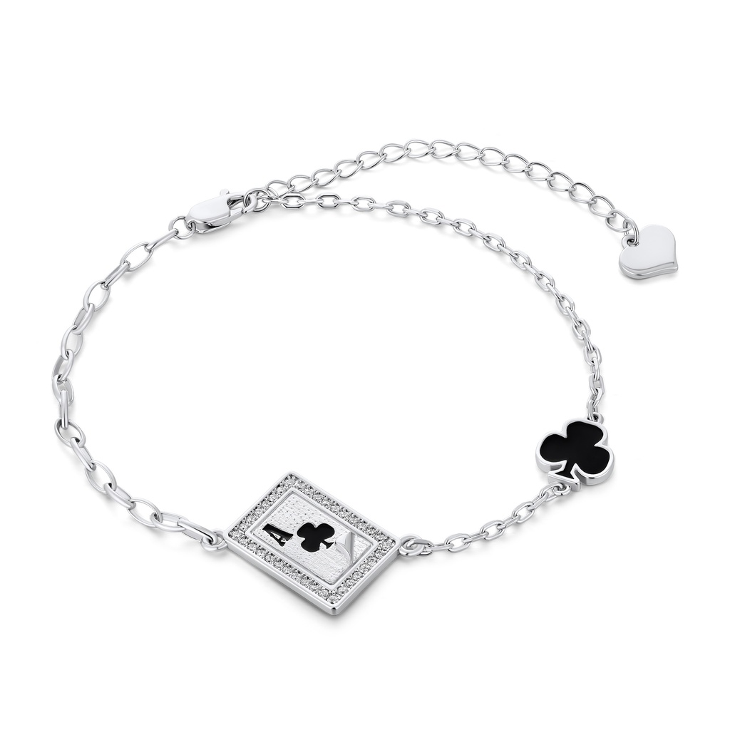 [PD02B0010] Ace of clubs playing card charm bracelet in silver tone