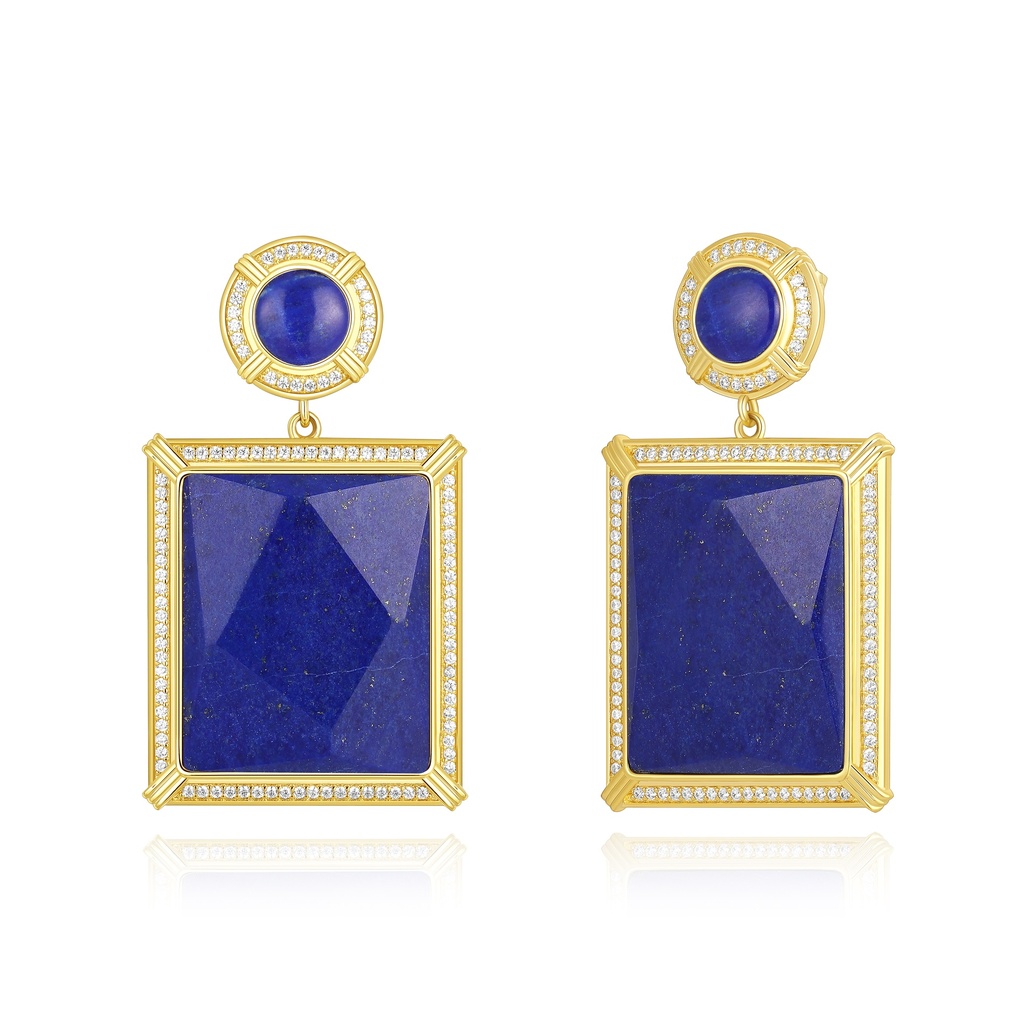 [SZ05E0173] Bold Geometric Lapis Earrings Framed In Gold-Tone Brass