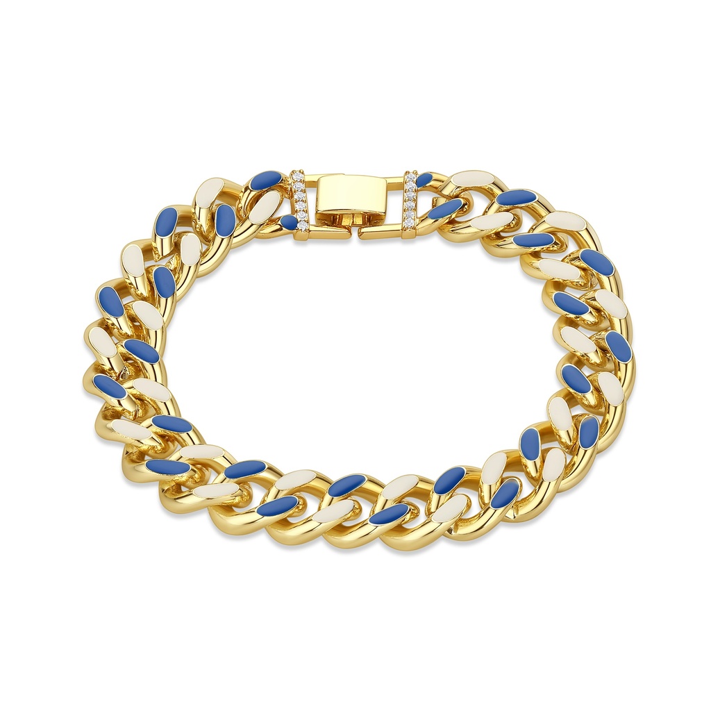 [BJ01B0005] Bold Gold Cuban Chain Bracelet with Blue & White Enamel