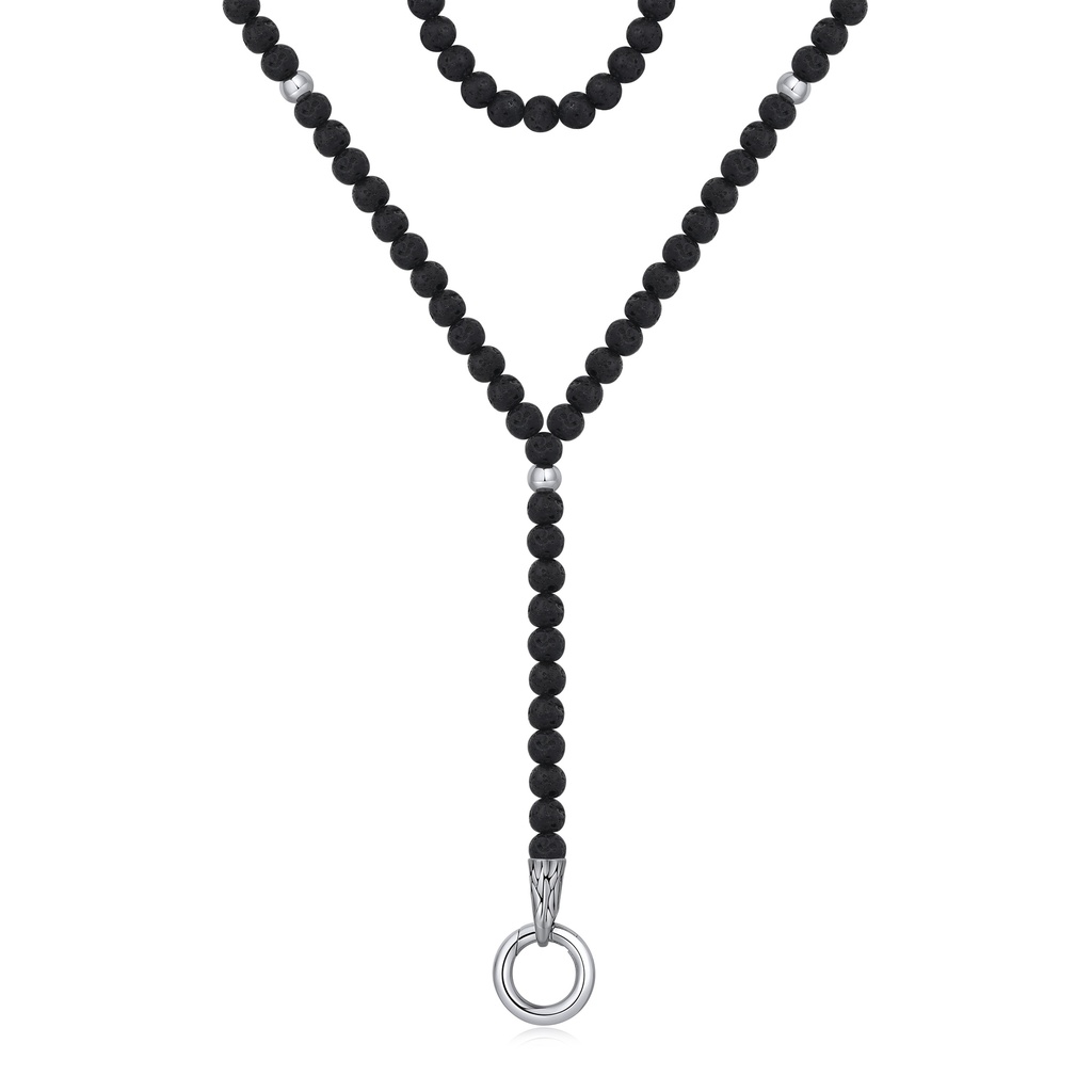 Lava Rock Beaded Necklace with Stainless Steel Ring Pendant