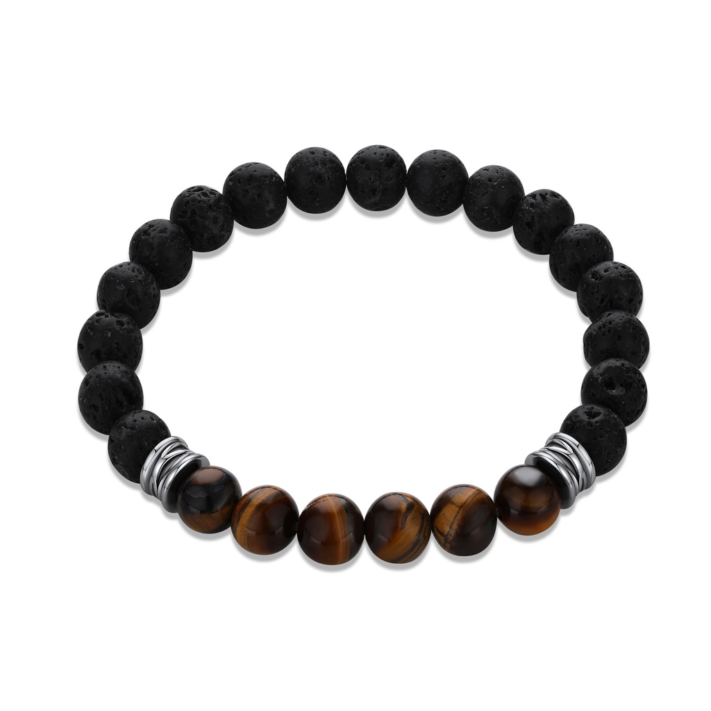 Lava Rock and Tiger Eye Bead Bracelet with Stainless Steel Accents