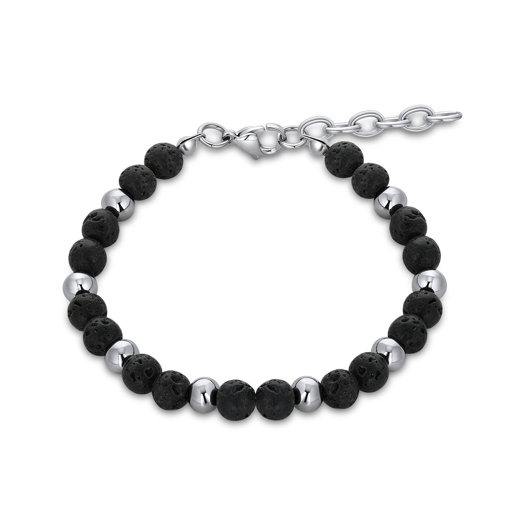 Lava Stone and Stainless Steel Beaded Bracelet with Adjustable Chain