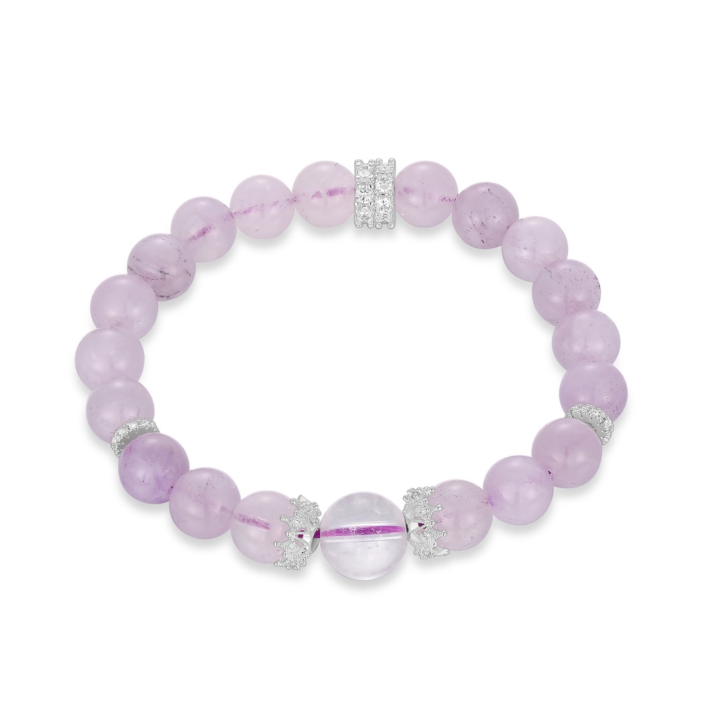 Lavender quartz bead bracelet with crystal-encrusted silver spacer details
