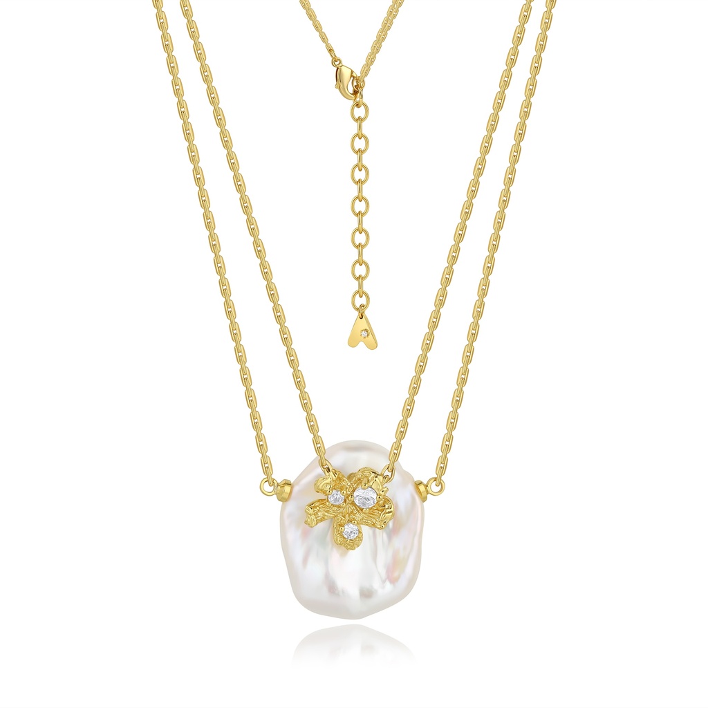 Layered Chain Necklace with Irregular Pearl and Gold Bow