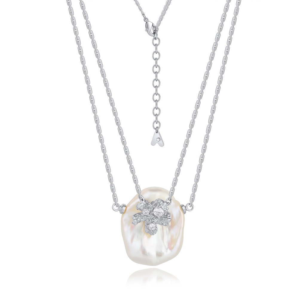 Layered Chain Necklace with Irregular Pearl and Silver Bow