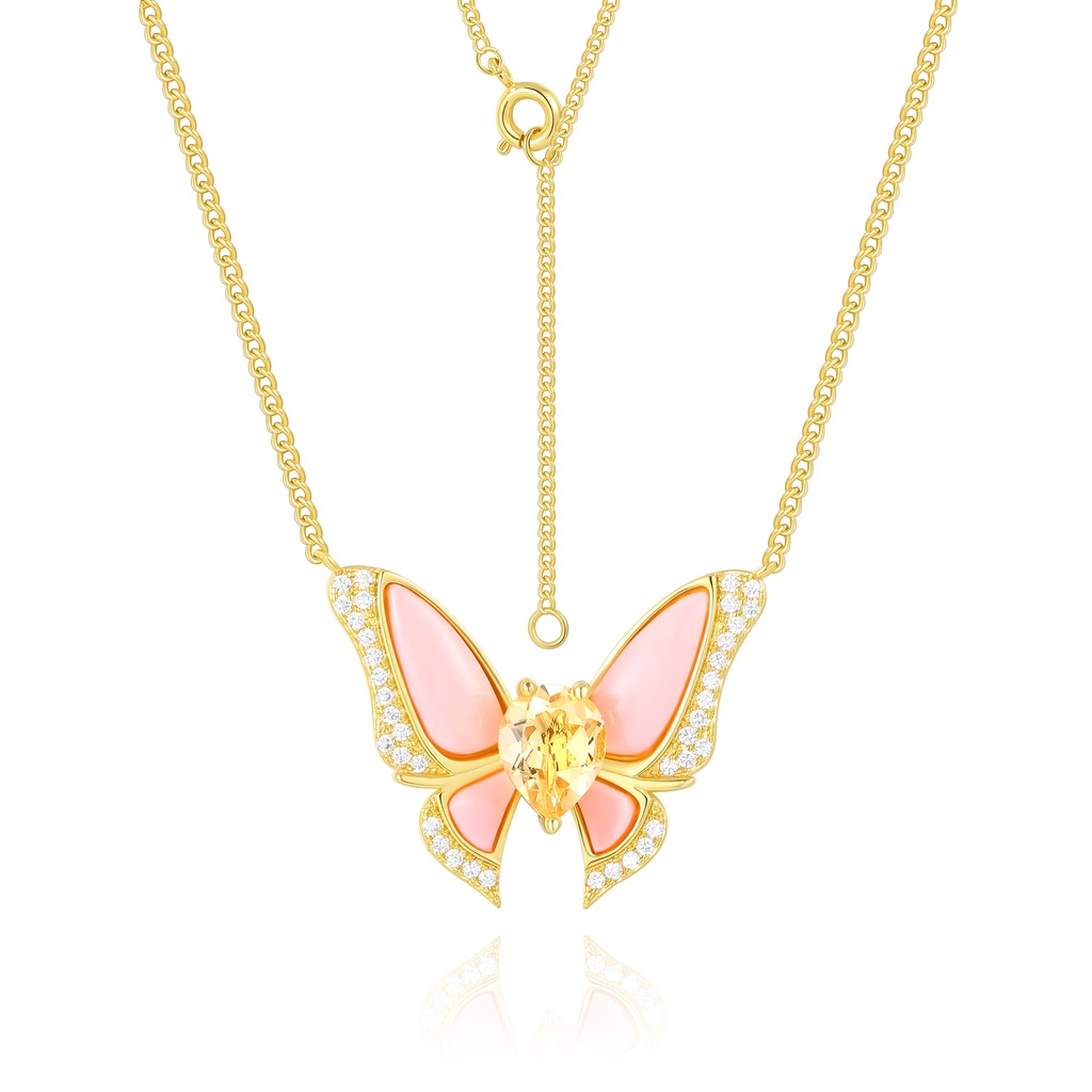 Layered Gold Necklace with Pink Accent and Clear Disc