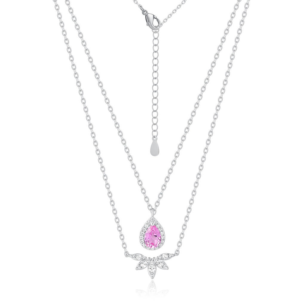 Layered Pink Teardrop Stainless Steel Necklace with Crystal Accents