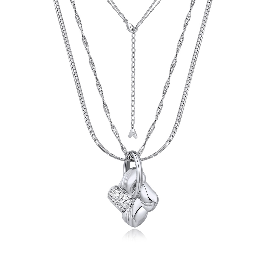 Layered Silver Brass Necklace with Bold Geometric Knot Charms